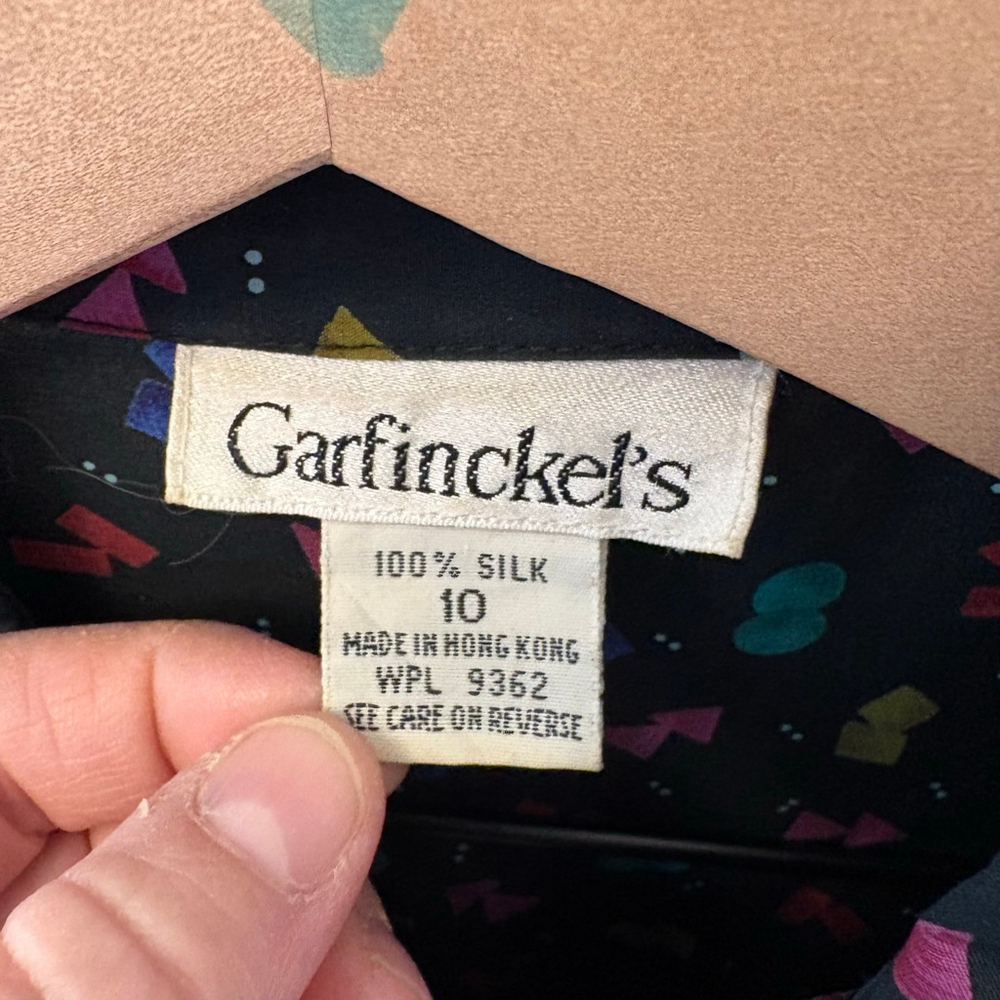 Vintage Garfinckel’s Black Geometric Print Silk Shirt Dress Size 10 - Picture 5 of 9
